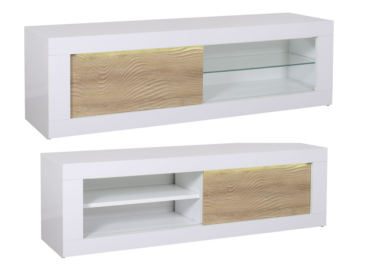 Meuble tv blanc et bois avec relief 3D - 170 cm