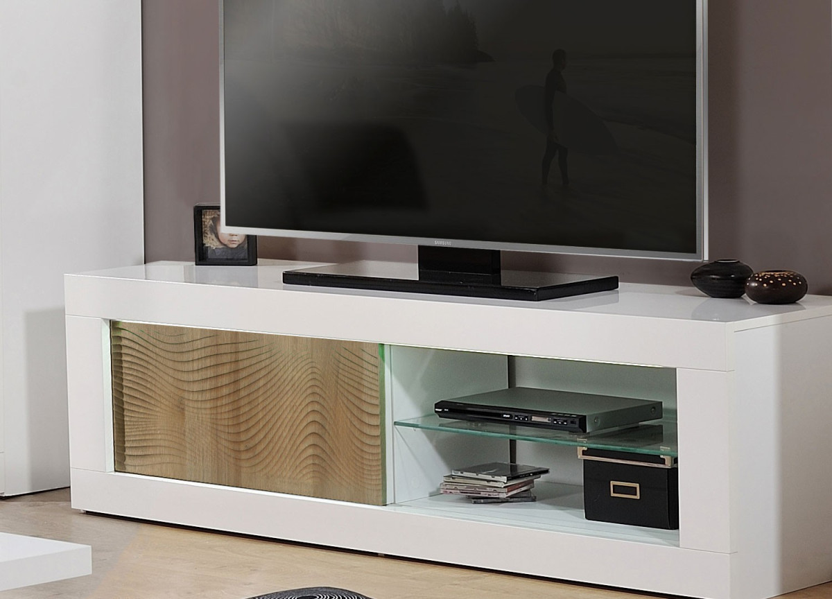 Meuble tv blanc et bois avec relief 3D - 170 cm