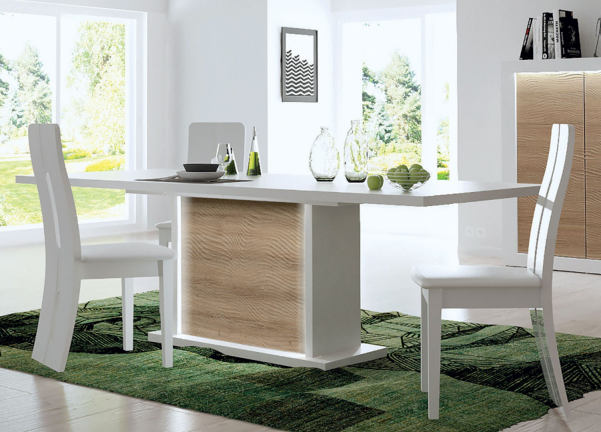 Table extensible blanc et bois - Pieds central éclairage intégré