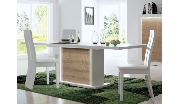 Table extensible blanc et bois - Pieds central éclairage intégré