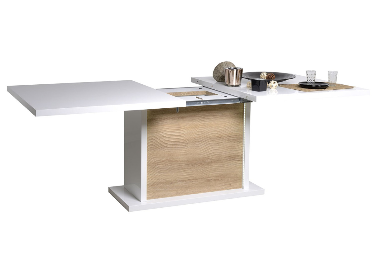 Table extensible blanc et bois - Pieds central éclairage intégré