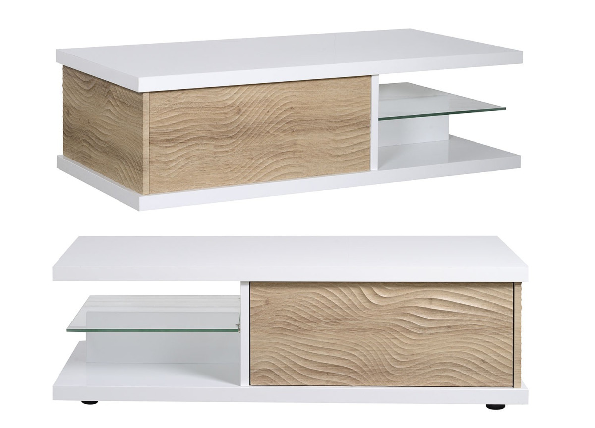 Table basse rectangulaire laqué blanc et bois 120 cm