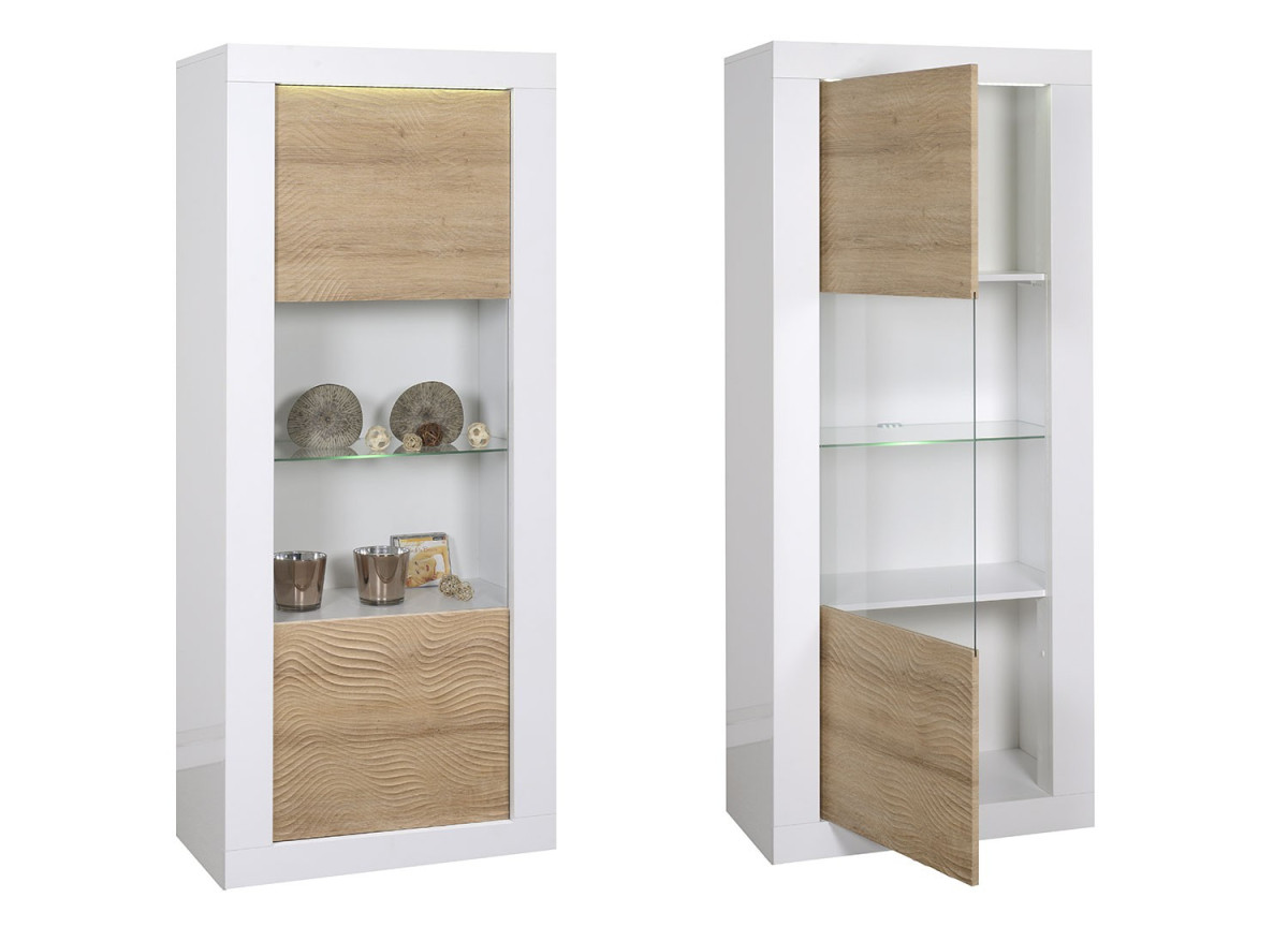 Vitrine design blanche / bois avec reliefs et éclairage led