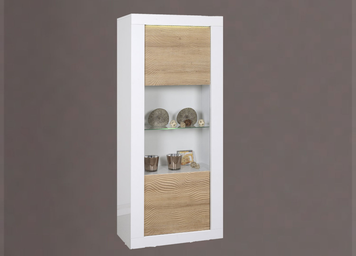 Vitrine design blanche / bois avec reliefs et éclairage led