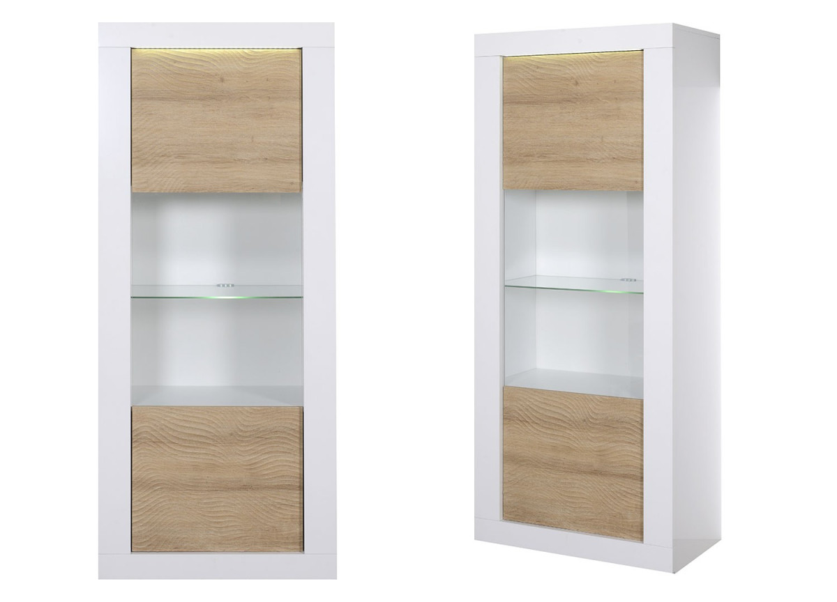 Vitrine design blanche / bois avec reliefs et éclairage led