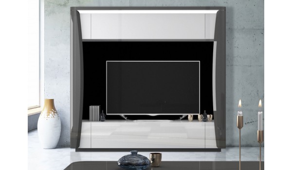 Living TV moderne blanc et gris anthracite laqué