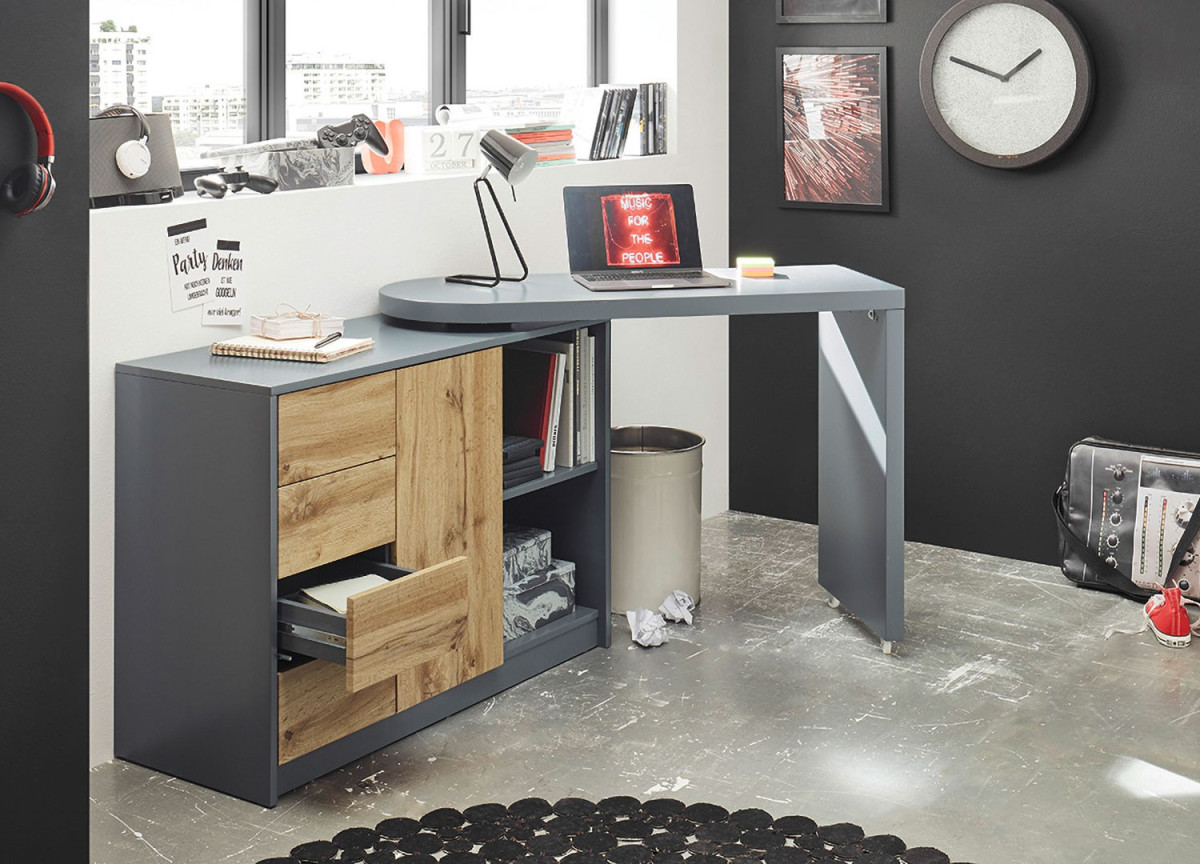 Table pivotante avec rangement anthracite et chêne