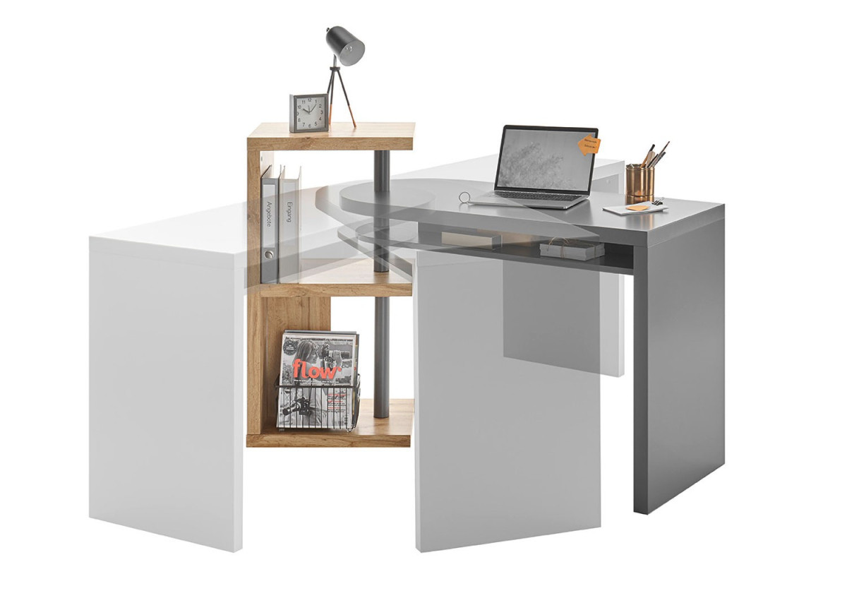 Bureau plateau pivotant gris laqué et bois
