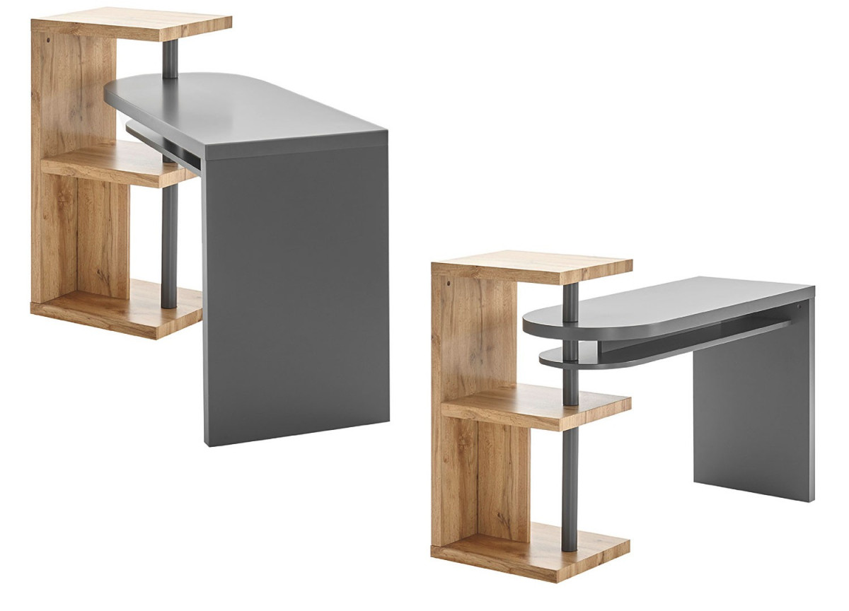 Bureau plateau pivotant gris laqué et bois