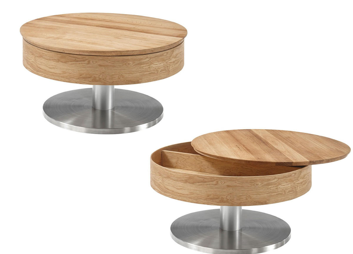 Table basse ronde avec rangement bois et inox
