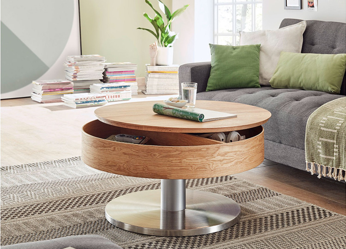 Table basse ronde design avec rangement bois et inox
