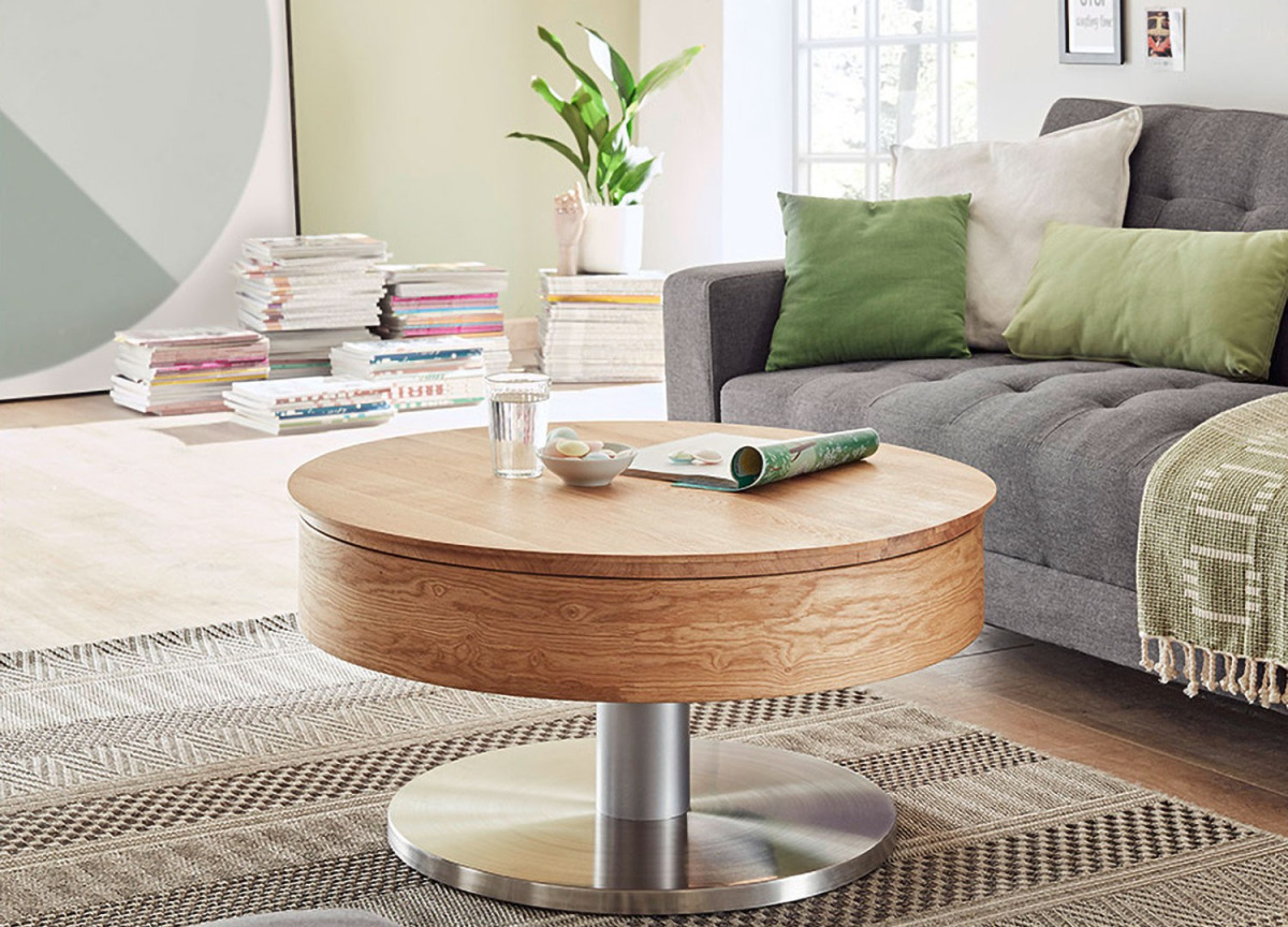 Table basse ronde avec rangement bois et inox