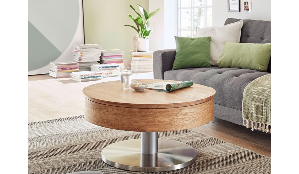 Table basse ronde avec rangement bois et inox
