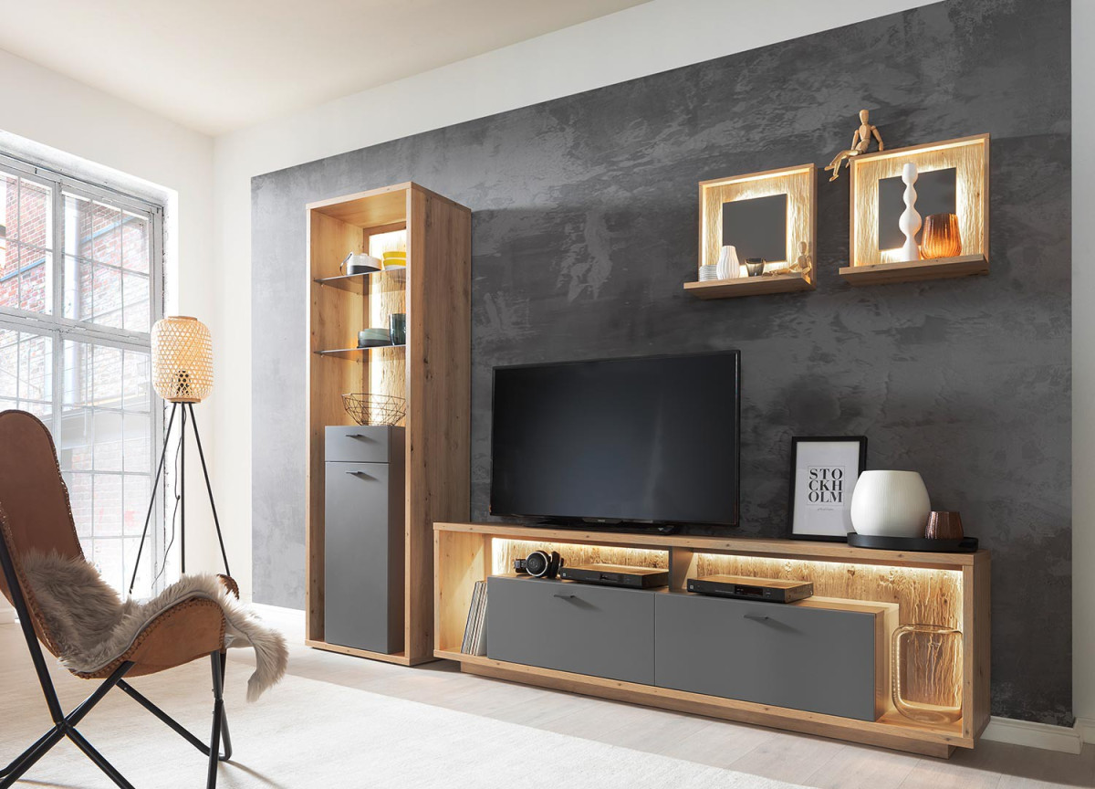 Composition de meuble de salon tv bois et gris laqué