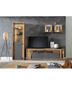 Composition de meuble de salon tv bois et gris laqué