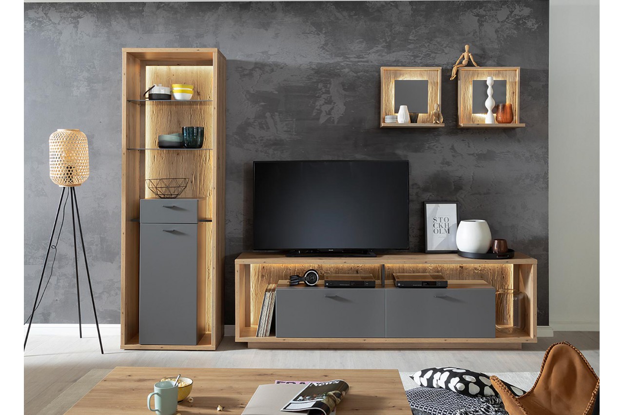 Composition de meubles de salon, meuble TV et vitrine en bois