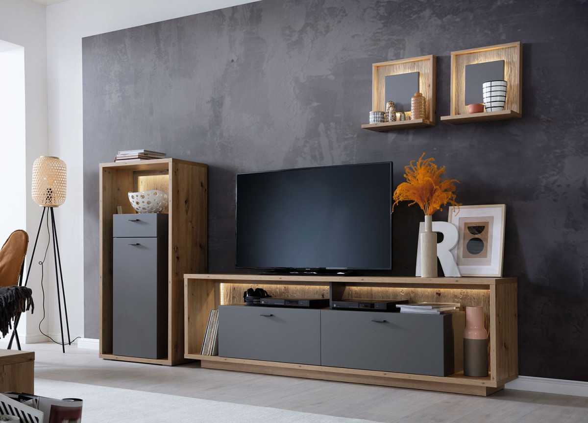 Combinaison de meuble de salon tv bois et gris laqué