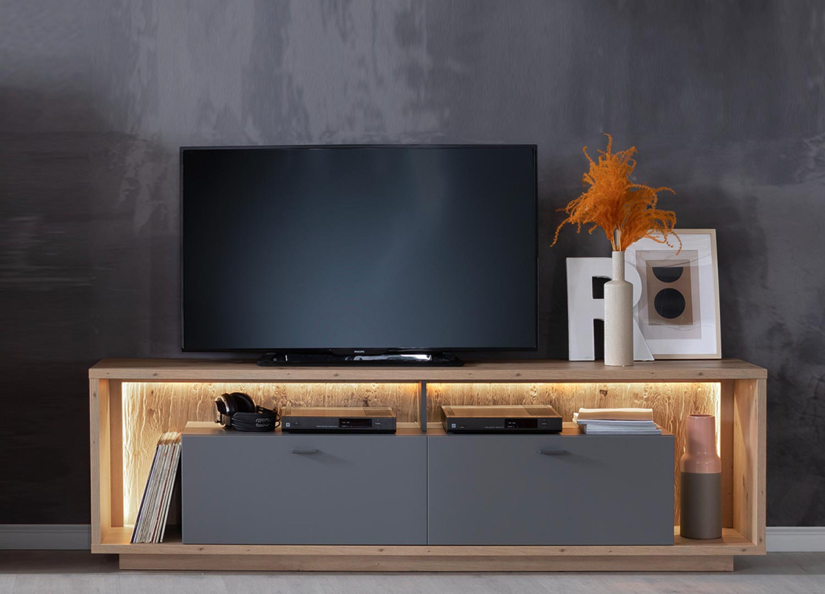 Meuble TV design bois et gris 200 cm