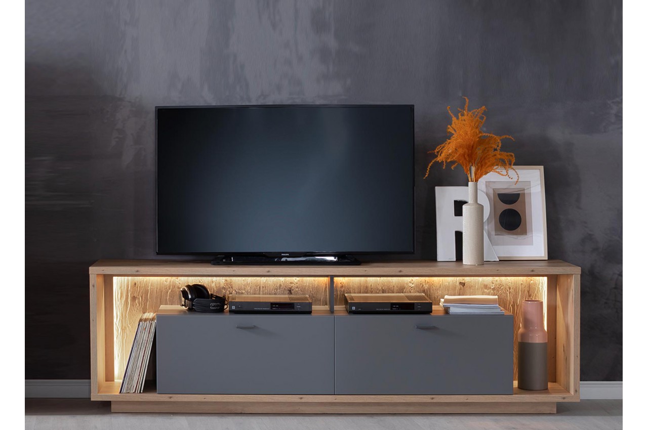 Meuble TV design bois et gris 200 cm pour salon