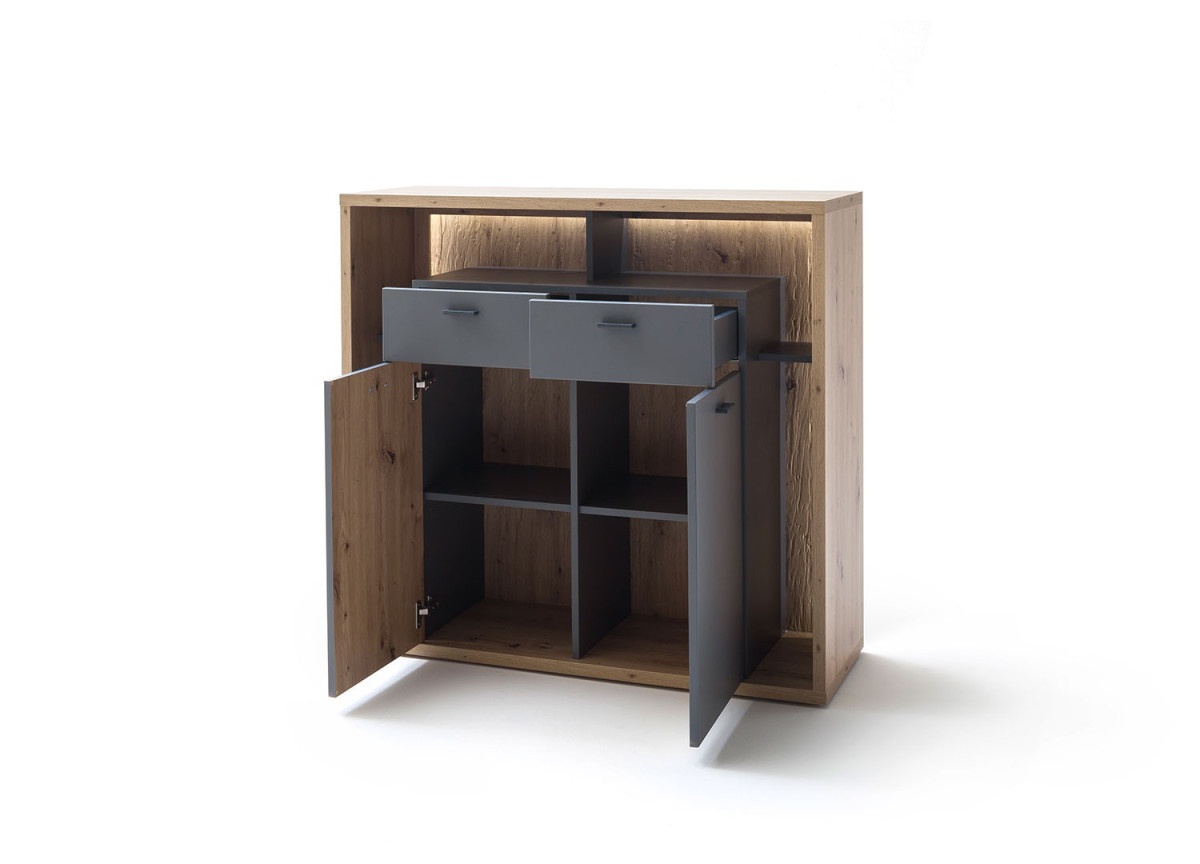 Buffet de salon original - Bois et gris pierre 2 portes et 2 tiroirs