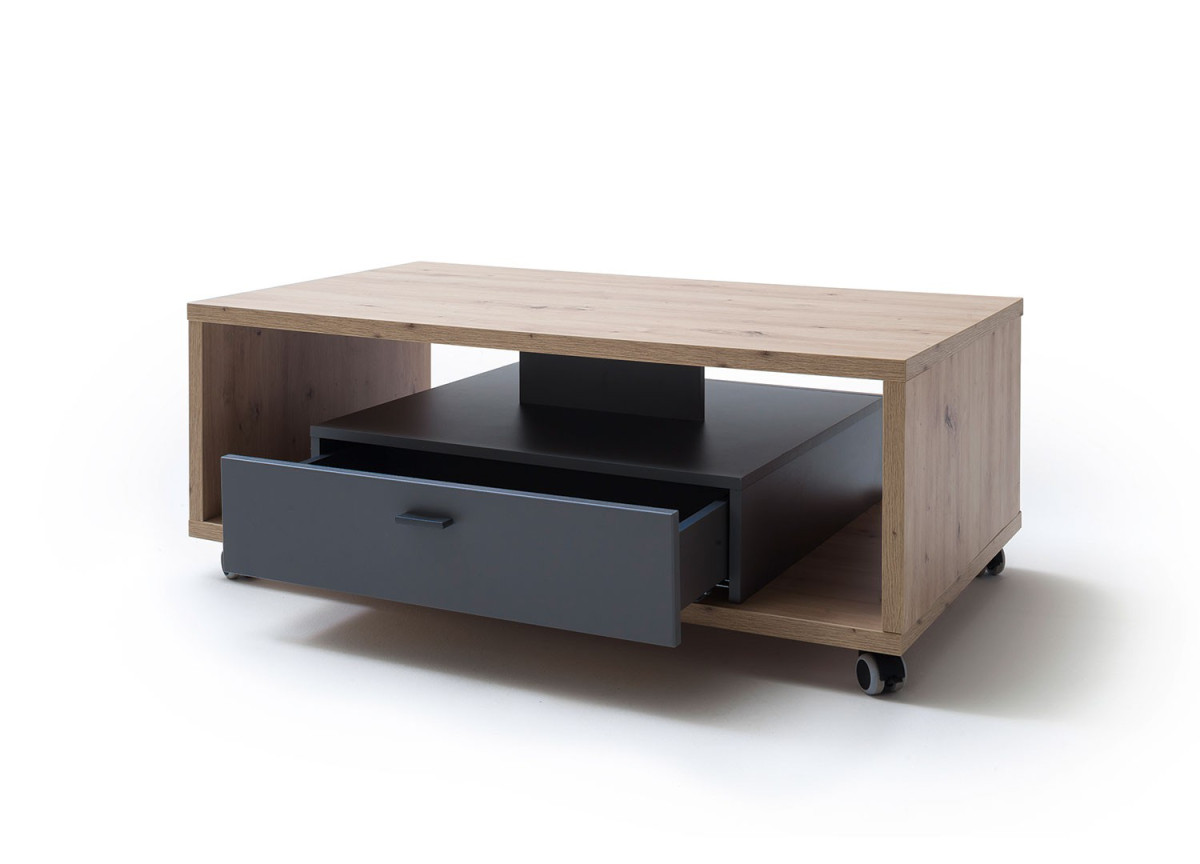 Table basse sur roulettes avec rangement bois et grise