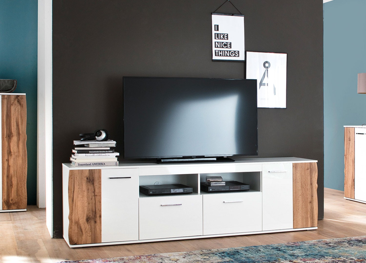 Meuble TV design bois et blanc 200 cm