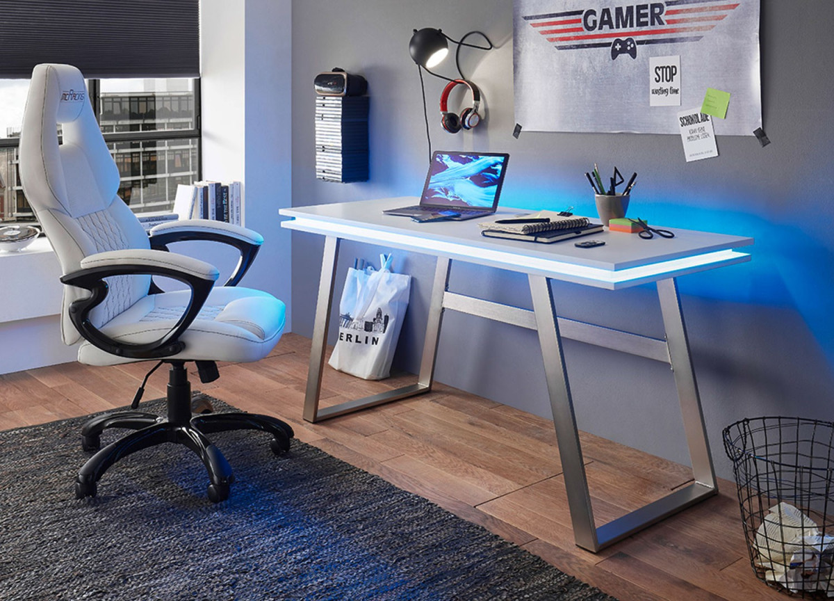 Table bureau blanc laqué mat avec éclairage LED et USB