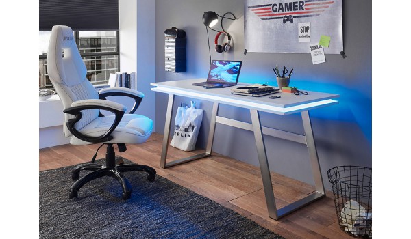 Table bureau blanc laqué mat avec éclairage LED et USB