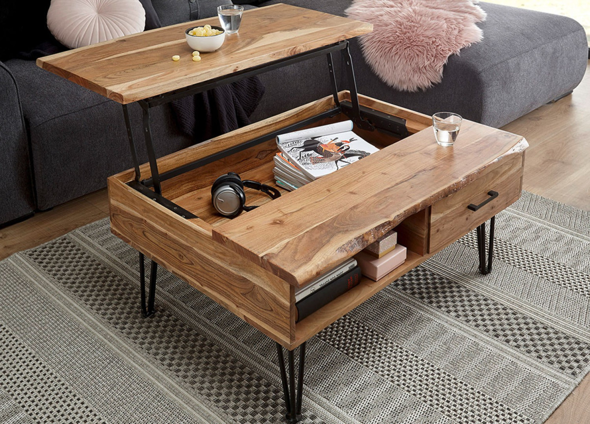 Table basse avec plateau relevable et rangement en bois massif
