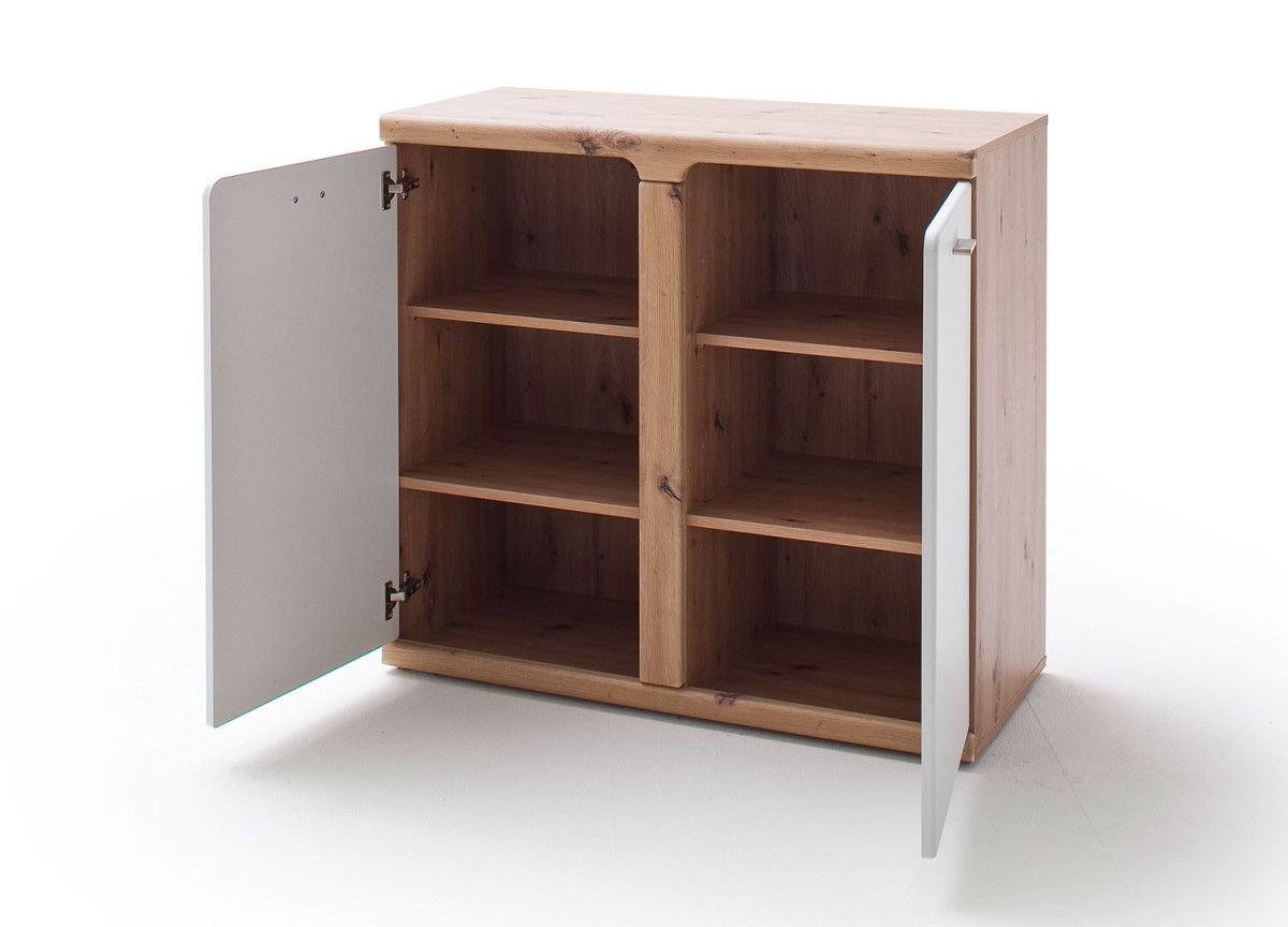 Meuble commode 2 portes blanc et bois