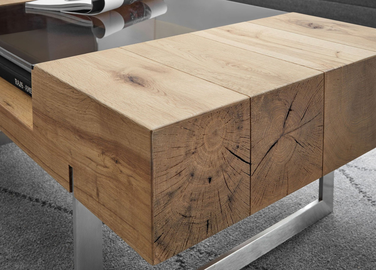 Table basse rectangulaire en bois plaqué chêne huilé Rewa