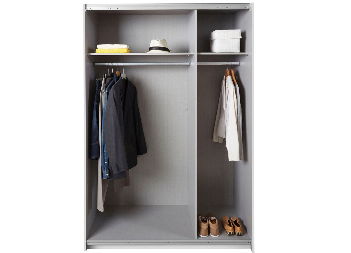 Armoire coulissante 135 ou 180 cm - Gris béton / Verre blanc / Miroir