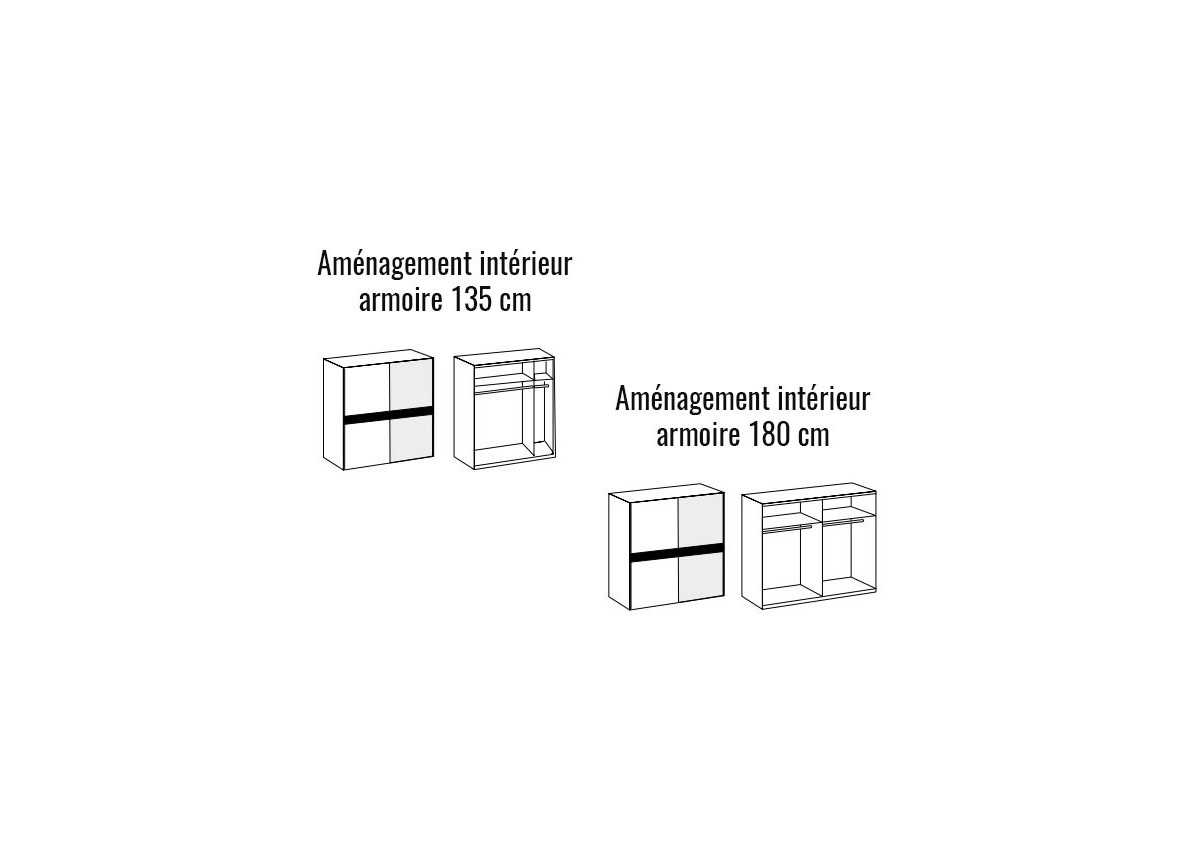 Armoire coulissante 135 ou 180 cm - Gris béton / Verre blanc / Miroir