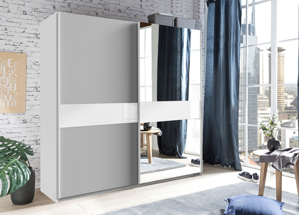 Armoire coulissante 135 ou 180 cm - Gris clair / Verre blanc / Miroir