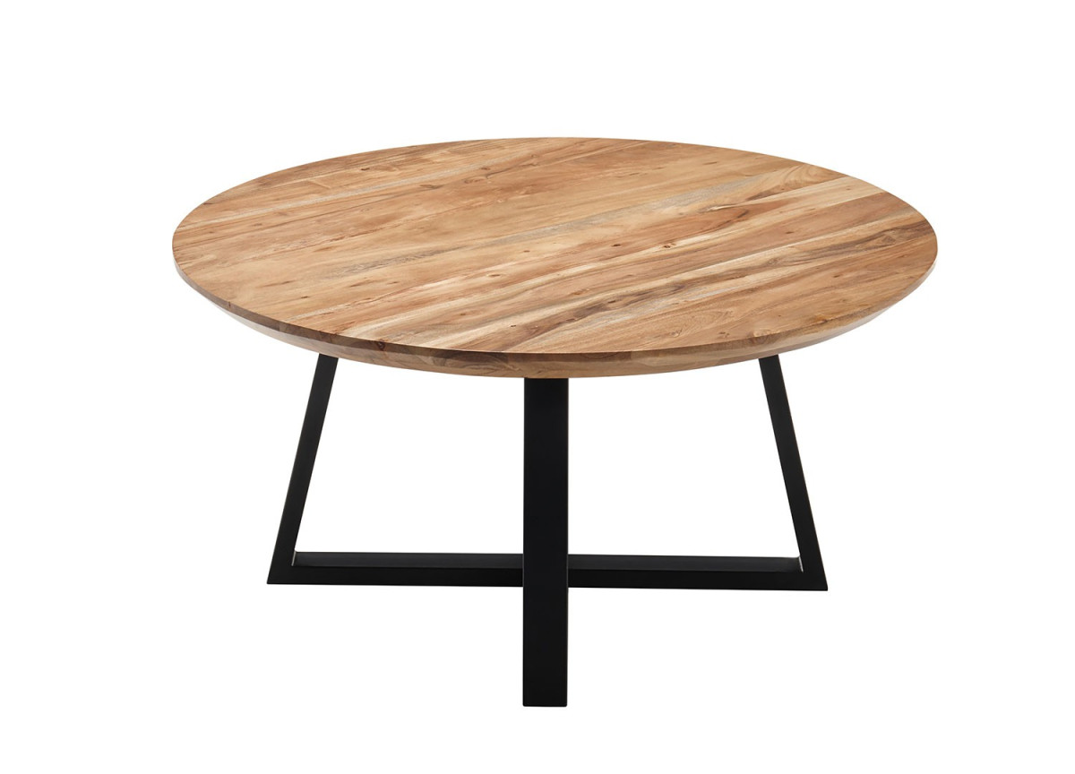 Table basse ronde moderne bois acacia et métal noir