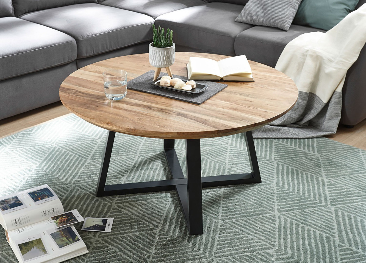 Table basse ronde design bois acacia et métal noir
