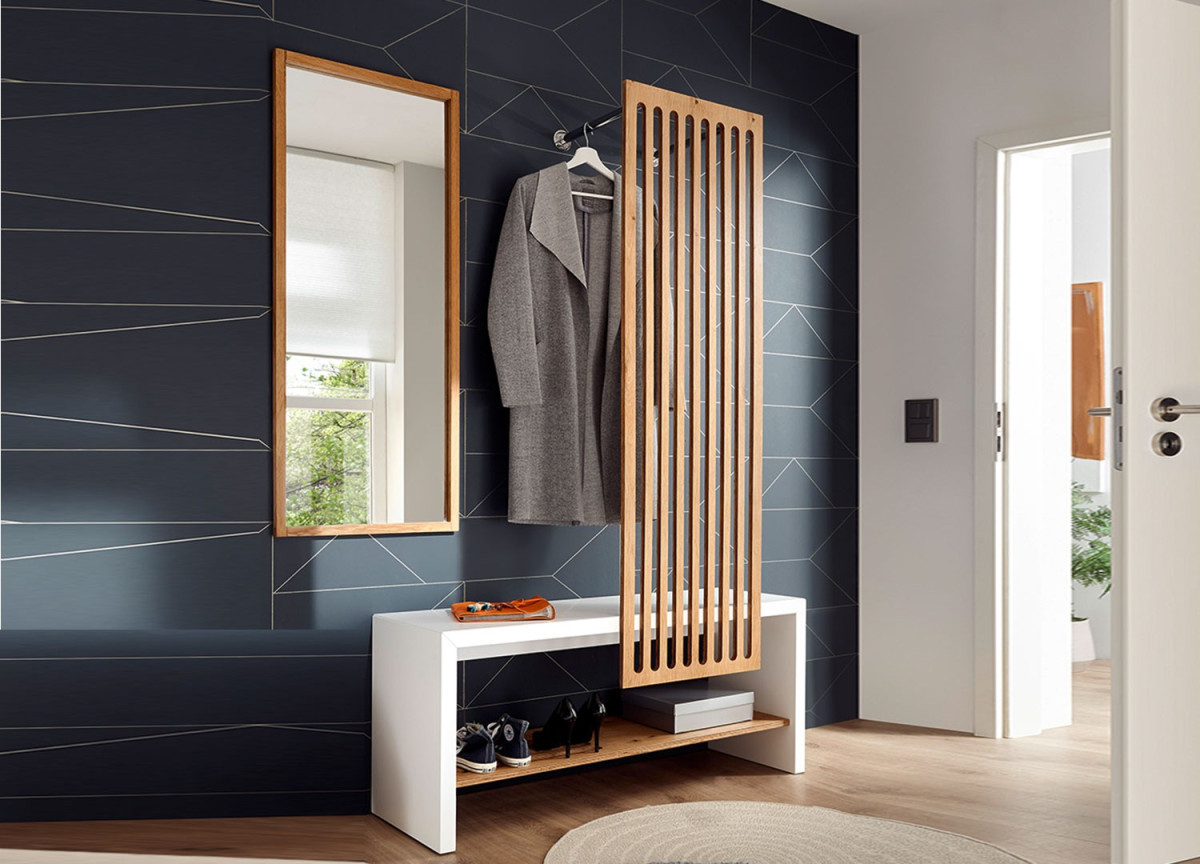 meuble d'entrée vestiaire design blanc et bois