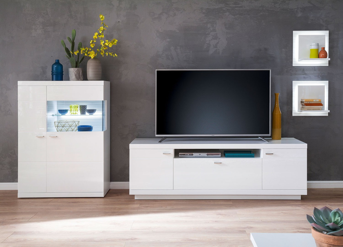 Meuble Télé / Buffet bas & étagères blanc laqué