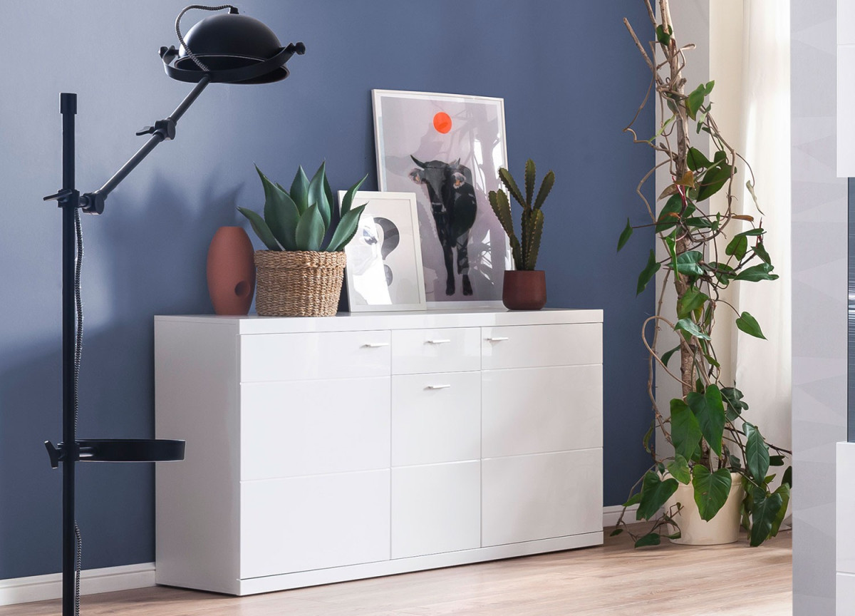 Buffet blanc laqué design 3 portes 1 tiroir 160 cm