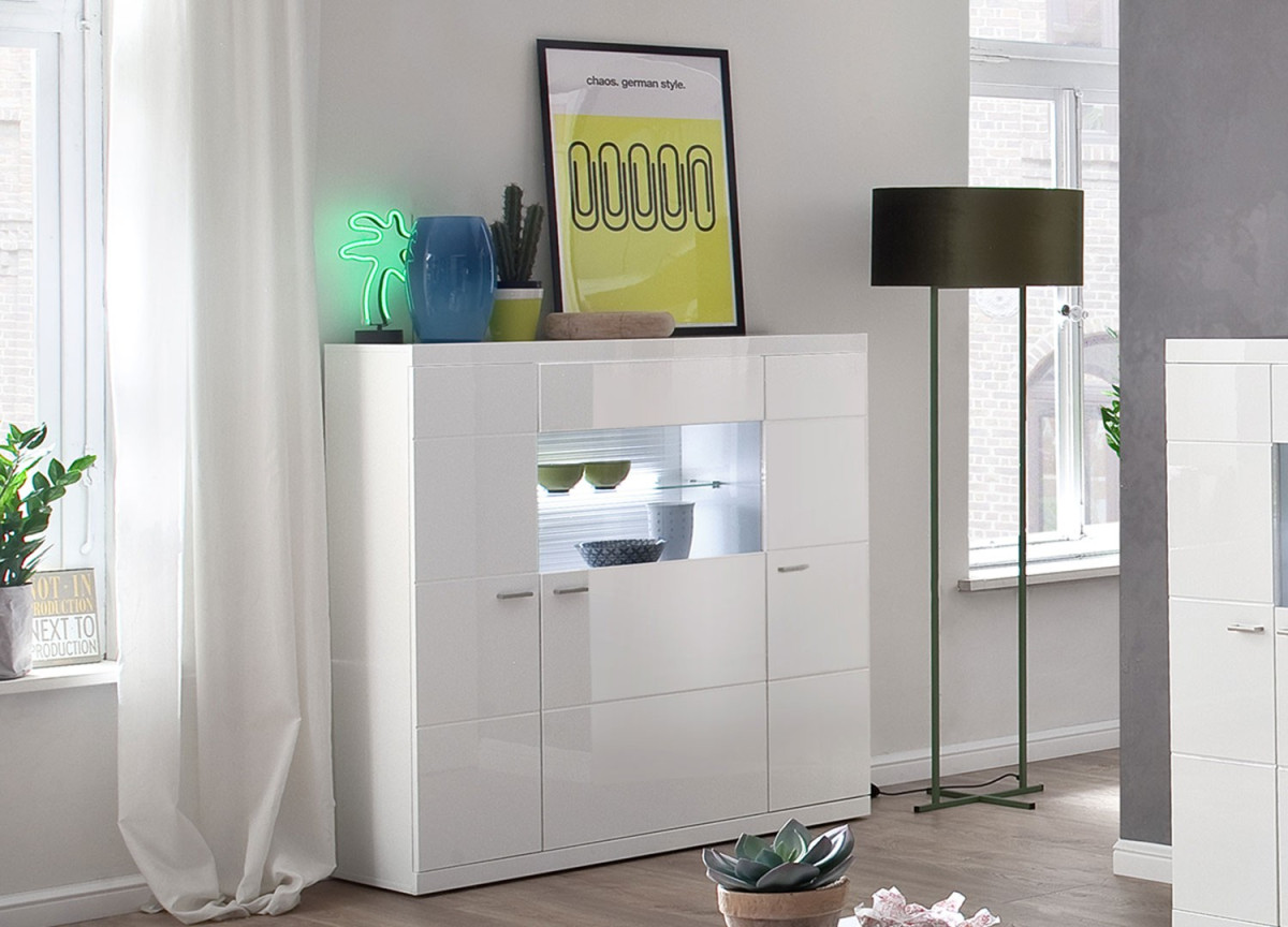 Buffet haut blanc laqué design 3 portes