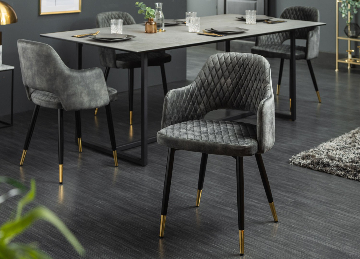 Chaises velours gris vert avec accoudoir / Pieds noir embouts dorés