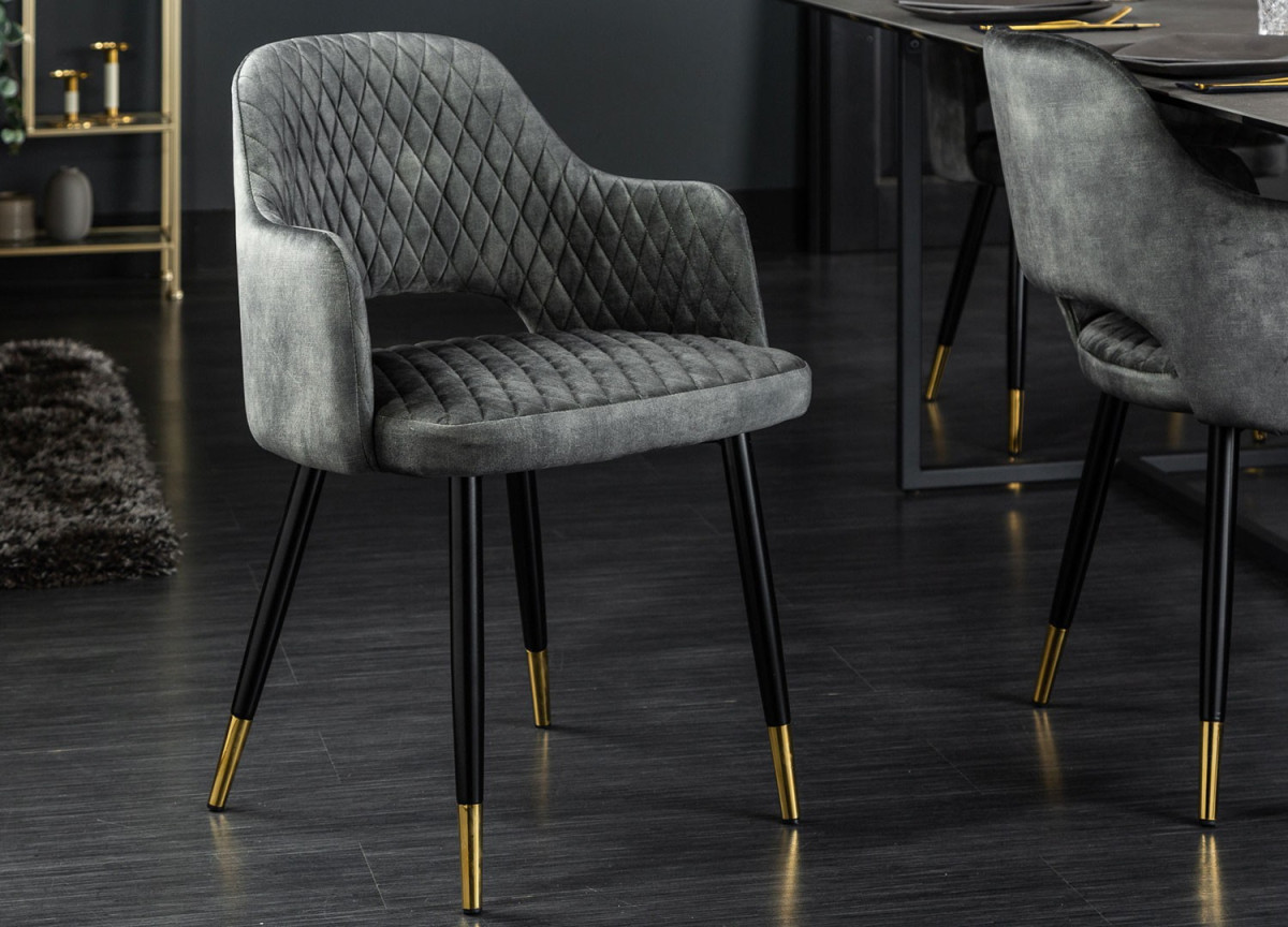 Chaises velours gris vert avec accoudoir / Pieds noir embouts dorés