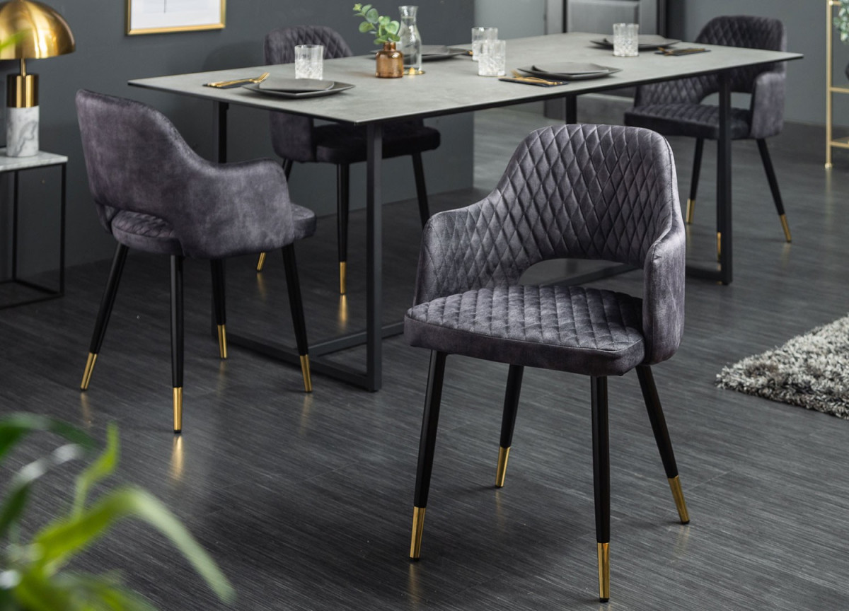 Chaises velours gris avec accoudoir / Pieds noir embouts dorés