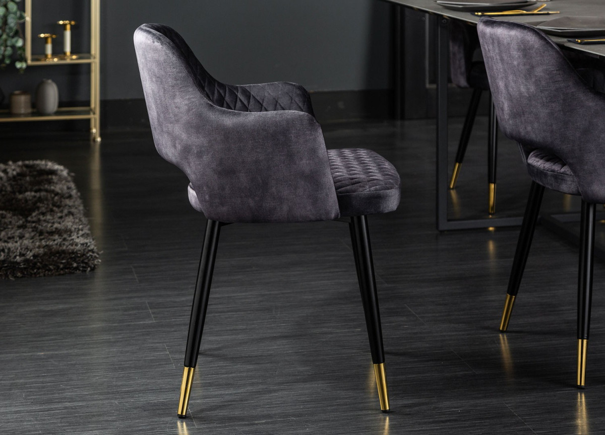 Chaises velours gris avec accoudoir / Pieds noir embouts dorés