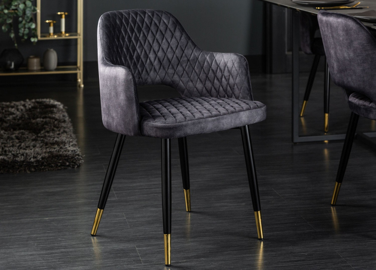 Chaises velours gris avec accoudoir / Pieds noir embouts dorés