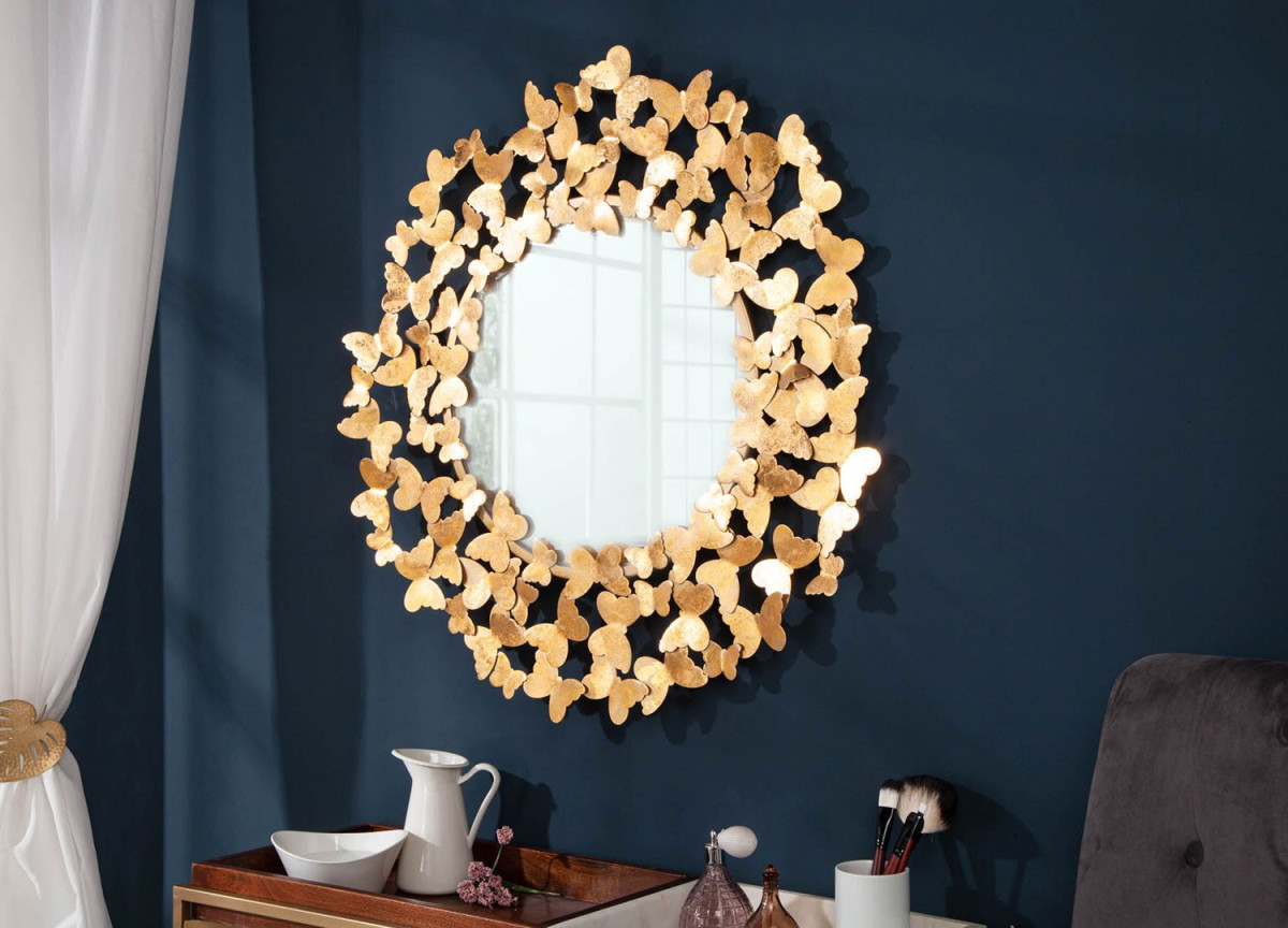 Grand miroir mural rond design doré