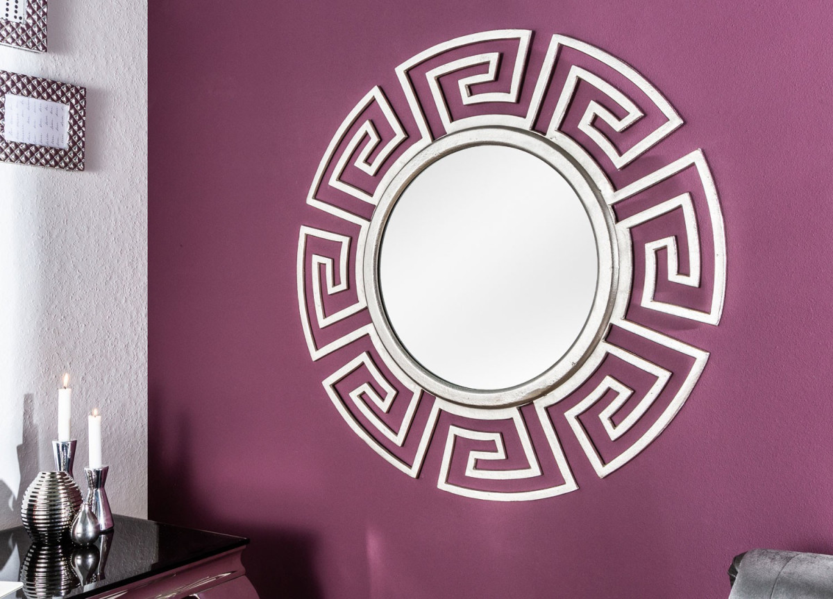 Miroir mural rond déco antique argenté 85 cm