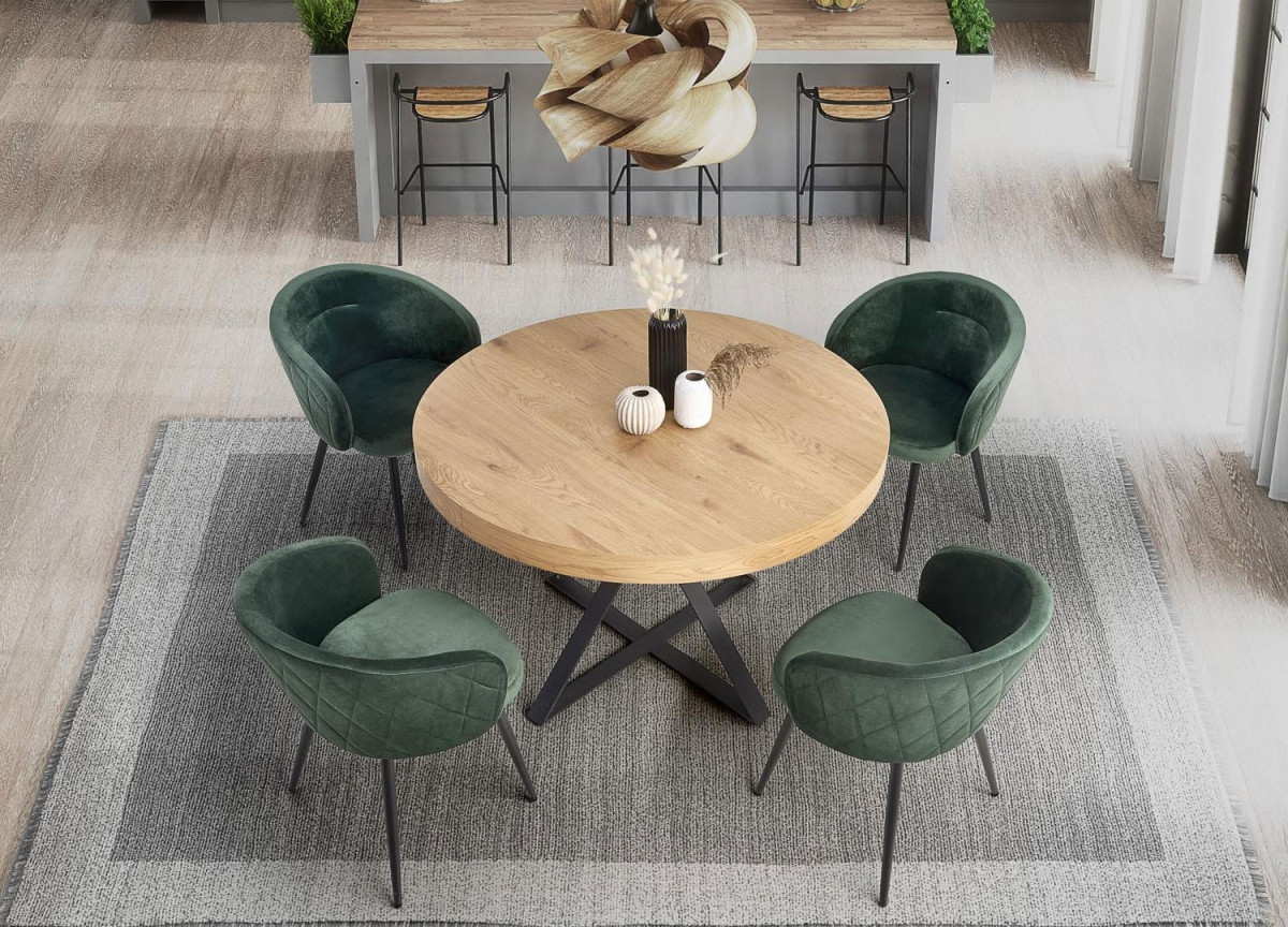 Table à manger ronde extensible en bois et piétement central en métal