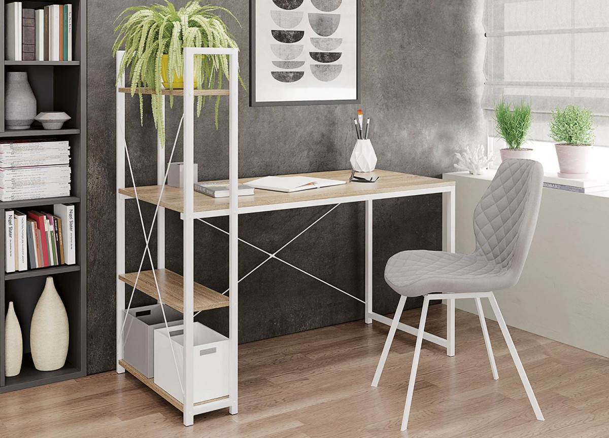 Bureau design moderne 140x60 blanc avec étagères ouvertes Bolg