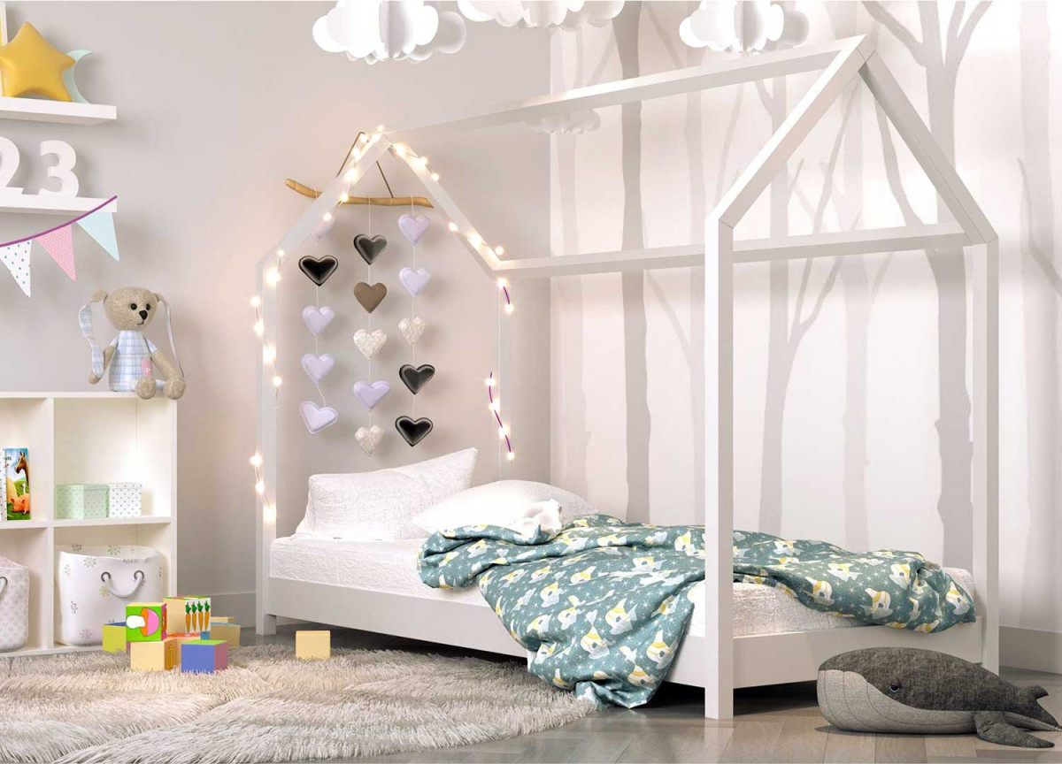 Lit cabane 90x200 cm Lit superposé lit d'enfant lit de maison pour filles  et garçons avec échelle & baldaquin blanc